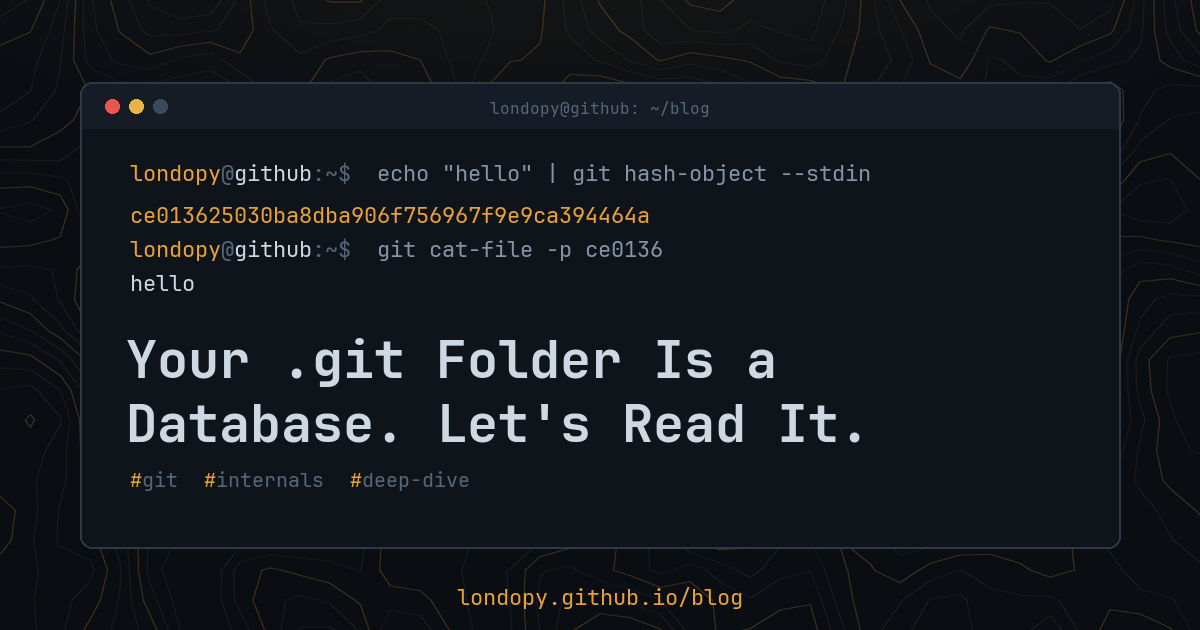 A terminal hashing a file with git hash-object, above the post title