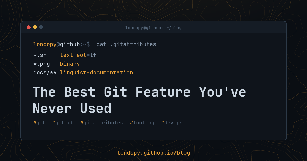 A terminal printing a .gitattributes file, above the post title
